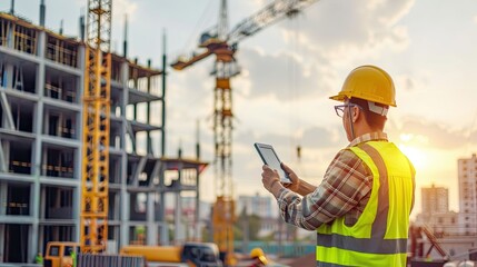 Male construction worker with strict look in helmet and vest. Engineer at the construction site with inspection. An all-around specialist. Illustration for poster, cover, brochure or presentation.