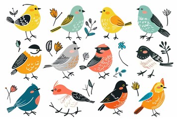 Bird doodle icon set, sparrow symbols, bird sign collection, sketched wild animal pictograms