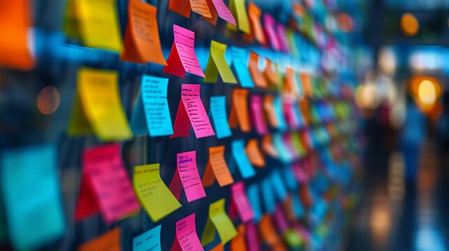 Sticky Note Post It Board Office. Business people meeting at office and use post it notes to share idea. Brainstorming concept. Sticky note on glass wall or blackboard. Set of colorful blank notes.