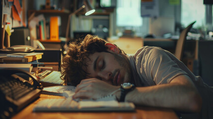  Caucasian man with a beard and plaid shirt has fallen asleep at his desk in an office. Papers and a coffee cup are scattered around, suggesting a long, exhausting work session