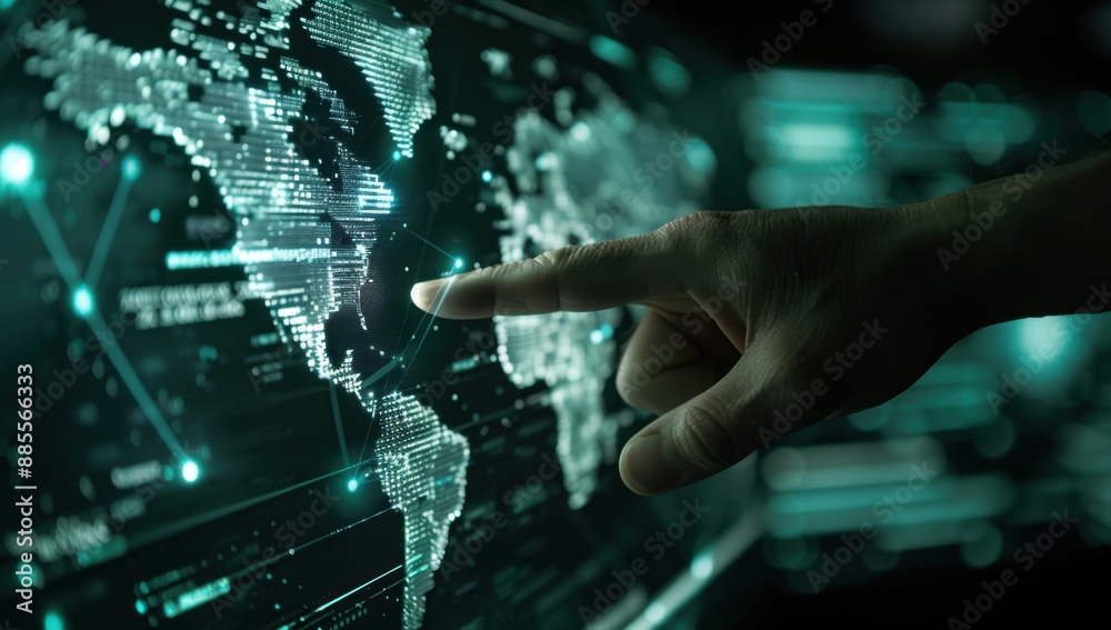 Poster a hand is pointing at a digital map on a screen, showing a global network and data transfer between 