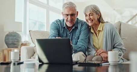 Mature couple, home and happy with technology for asset management or retirement planning on sofa. Man and woman on laptop or digital technology for results on investment, insurance or property value - Powered by Adobe