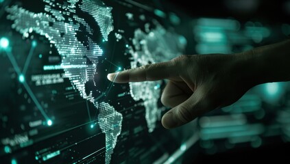 A hand is pointing at a digital map on a screen, showing a global network and data transfer between various places in the world Generative AI