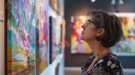 An art lover admires paintings at an art gallery, immersing herself in the beauty of the artwork.