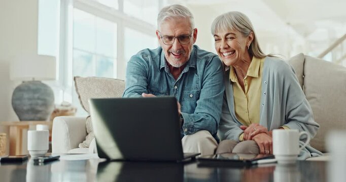 Mature couple, home and happy with technology for asset management or retirement planning on sofa. Man and woman on laptop or digital technology for results on investment, insurance or property value