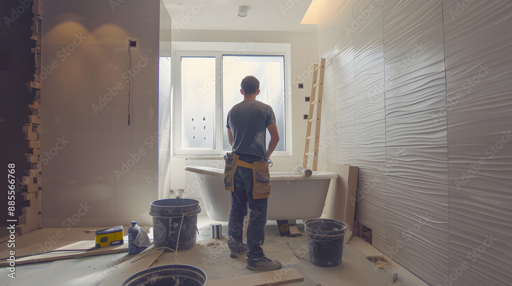 Wall mural a man working on remodeling a bathroom, bright and modern