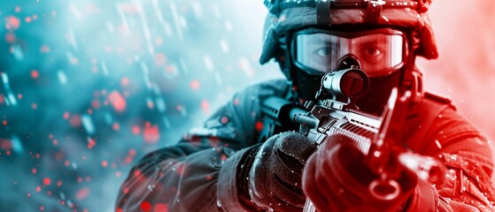 Modern combat scenario with soldiers in heavy metal tactical gear, using automatic weapons, realistic style, highdefinition, dynamic action