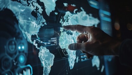 Hand touching digital screen with global map and business icons, highlighting the power of technology in world trade The background is blurred to emphasize the focus on the touching Generative AI