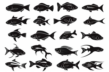 Fish icon, mackerel shape, minimal fishing symbol, tuna silhouette, salmon sign, black ink fish shape