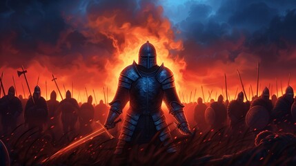 Fototapeta premium Historical combat with warriors in heavy metal plate armor, fighting with swords and axes, oil painting style, dramatic lighting, vivid colors