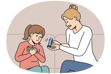 Girl suffering from asthma sits near mother with inhaler during allergic attack that makes it difficult to breathe. Caring woman helping daughter cope with asthma taking care of health of minor child