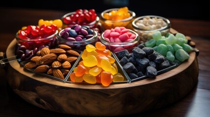 Sweet Candy Display with Mixed Nuts and Dried Fruit Assortment for Snacking Delight