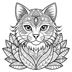 Fototapeta premium Beautiful Cat Mandala coloring page silhouette vector on white background