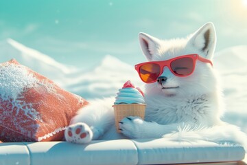 Arctic fox sits on snowy bench wearing sunglasses, eating ice cream. Relaxing in winter landscape under clear blue sky. Mountain peaks stretch across background. Happy animal enjoys snowy scene.