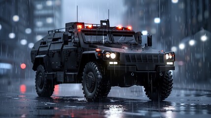 A modern plated armored vehicle, spearheading an urban military campaign, realistic style, highdefinition, dynamic action