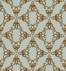 Arabesque floral seamless pattern. Flourish ornamental texture in classical interior decor style. Floral tile background. Fantastic flowers and leaves. Wonderland motives of stylish damask patterns.