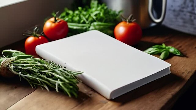 Blank Cookbook Mockup with Fresh Vegetables and Herbs on Wooden Table
