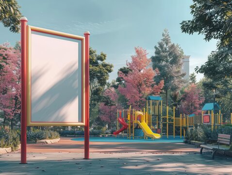 A colorful urban park with playground equipment and a vertical blank white screen billboard mock-up. full ultra HD, high resolution, perfect for showcasing digital art.