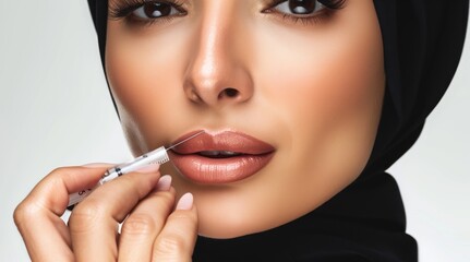 Arabic woman in hijab receives lip filler injection, face close-up, cosmetic procedure, syringe near mouth in beauty clinic, white backdrop, skincare, aesthetic treatment.