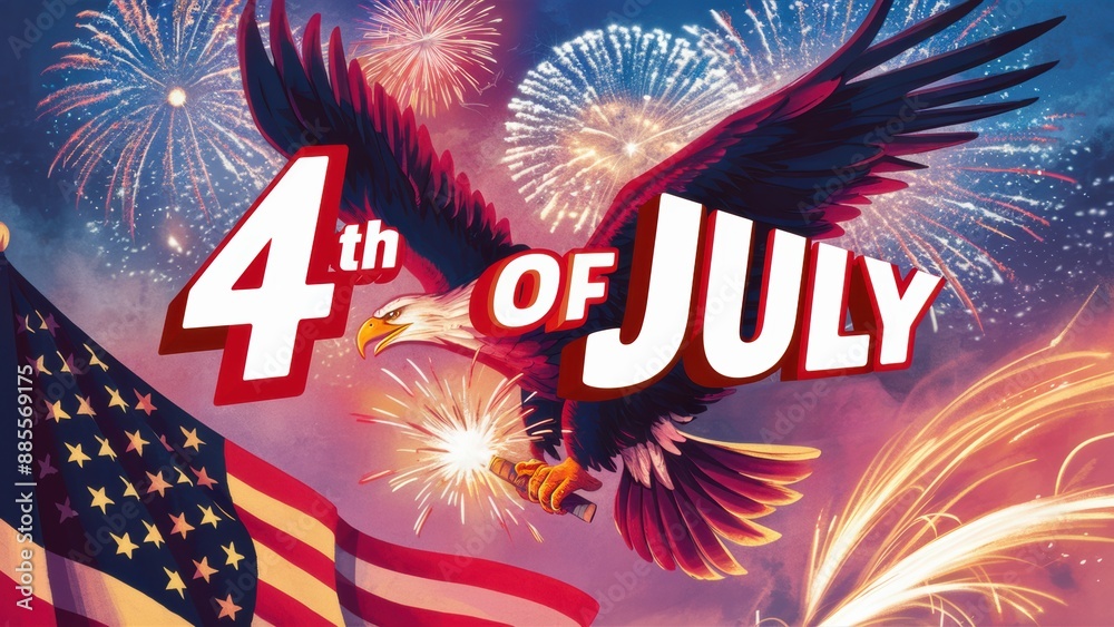 Canvas Prints A patriotic 4th of july poster with an eagle flying over a flag, AI