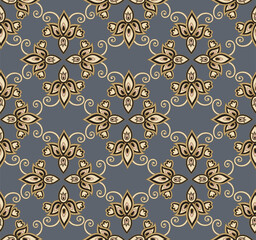 Fototapeta premium Arabesque floral seamless pattern. Flourish ornamental texture in classical interior decor style. Floral tile background. Fantastic flowers and leaves. Wonderland motives of stylish damask patterns.