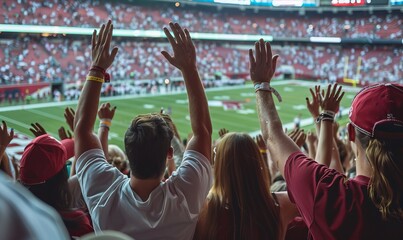 group of fans cheering in stands at american football game with hands raised high, wearing red or white attire with team logos, lively atmosphere during midday light