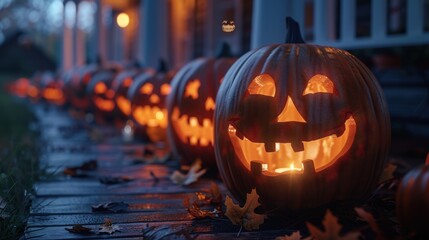 Obraz premium A row of lit jack-o'-lanterns on a porch, glowing with festive Halloween spirit.