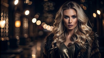 Fototapeta premium Portrait of a stunning blonde woman with fur coat and golden dress under city lights