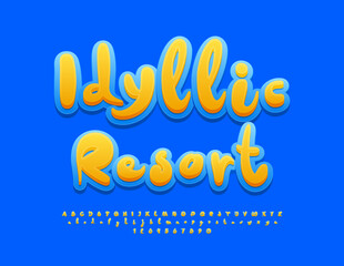 Fototapeta premium Vector advertising poster Idyllic Resort. Yellow and Blue Bright Font. Funny artistic Alphabet Letters and Numbers set.