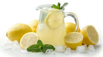 A refreshing jug of homemade lemonade with fresh lemon slices mint leaves and ice cubes on white background