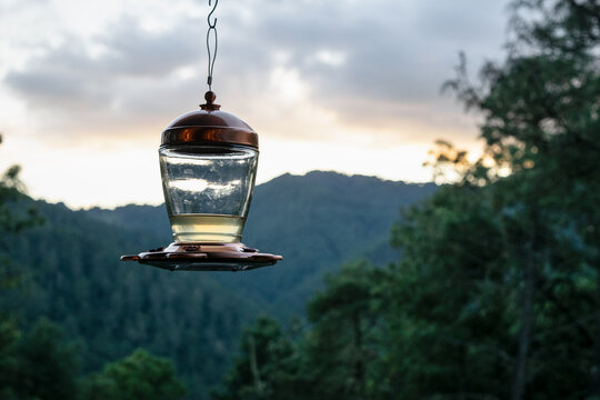Alimentador de colibries en paisaje de monta&ntilde;a durante atardecer