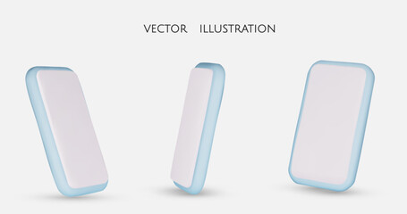 Set of blue different angles of smartphone in 3d render with screen, isolated white background, vector illustration
