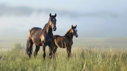 Prominent horse and young horse standing in grass field with blank area for text