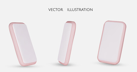 Set of pinc different angles of smartphone in 3d render with screen, isolated white background, vector illustration