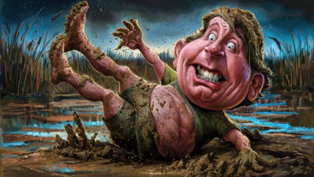 A cartoon of a fat man in mud with his feet up, AI