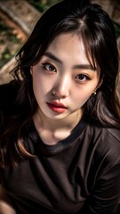 Fototapeta premium Portrait of a young Asian woman with long dark hair looking at the camera with a serious expression