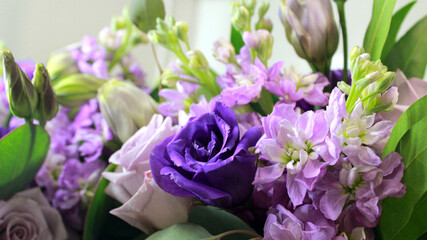 Closeup Purple Flower Bouquet With Greenery