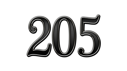 black metal 3d design of number 205 on white background.	