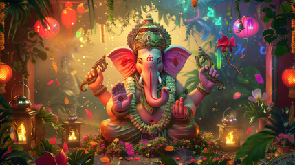 Ganesh Chaturthi background banner, illustration of a large colorful Lord Ganesha statue in the center with flower and lantern decorations, Ai generated Images