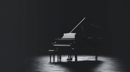 A sleek black background with the silhouette of a grand piano
