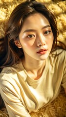 Fototapeta premium Portrait of a young woman with long brown hair and natural makeup wearing a beige shirt