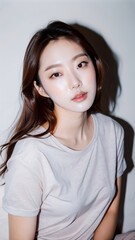 Fototapeta premium Portrait of a young woman with long brown hair wearing a white shirt looking at the camera with a soft smile