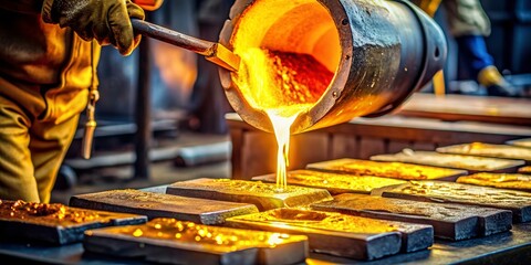 The process of molten gold being carefully poured into a mold at a foundry, capturing the creation of a gold bar.