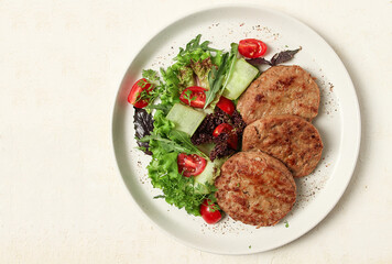 fried cutlets, minced beef, with vegetable salad, top view, no people,