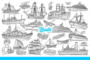 Sea vessels and boats or ships floating in ocean due to motor or wind force. Boy is interested in collecting toy ships and launches or yachts traveling along rivers and lakes. Hand drawn doodle