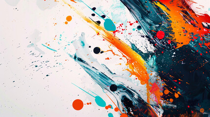 Modern abstract background with splashes of paint and bold, contrasting colors, set against a minimalist white backdrop