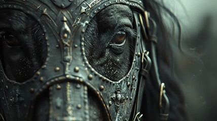 Close-up of a horse's eye, adorned in intricate medieval armor, reflecting a sense of mystery and history.