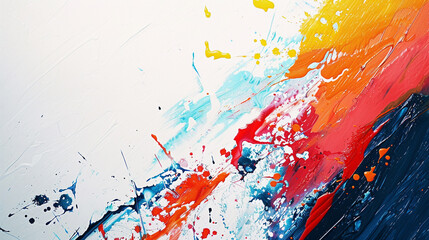 Modern abstract background with splashes of paint and bold, contrasting colors, set against a minimalist white backdrop