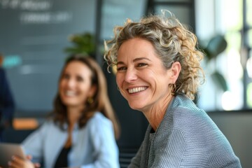 Happy middle-aged businesswoman smiling during a meeting in a modern office