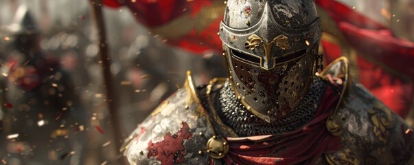 Medieval knight in full armor standing ready for battle with flags fluttering in the background. Historical re-enactment and medieval warfare.